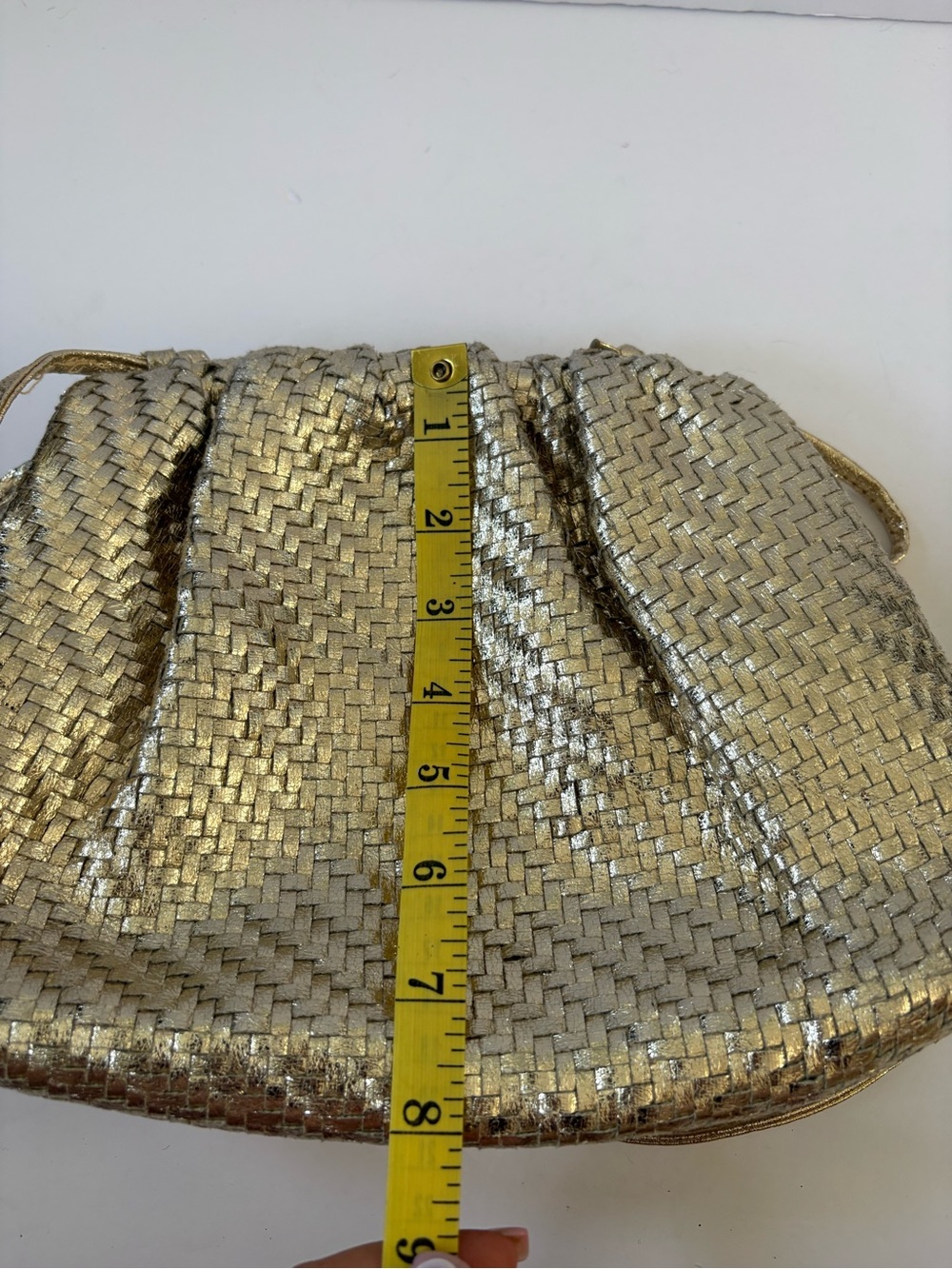 Anthropologie Frankie Clutch Bag Gold Preppy Party Guest Woven Slouchy Dumpling - Picture 10 of 11